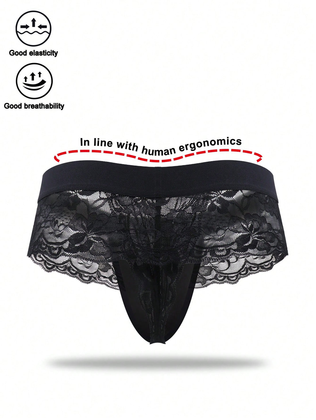 Men's black lace wave thong briefs with plant pattern detail and mid-rise styling