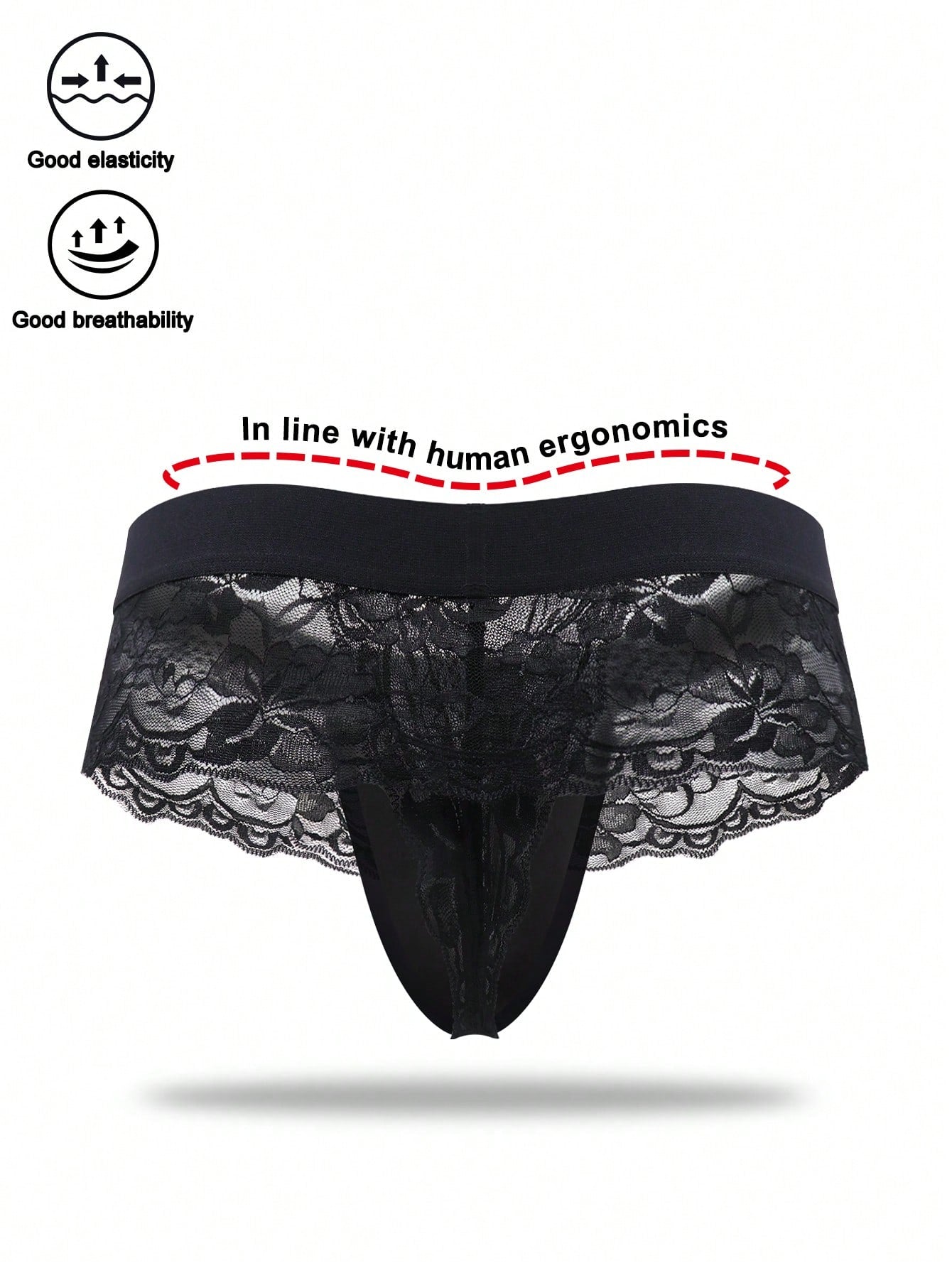 Men's black lace wave thong briefs with plant pattern detail and mid-rise styling