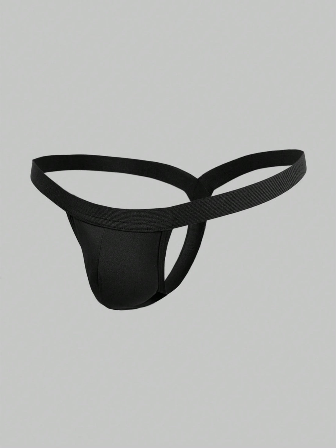 Men's black low-rise thong underwear with a plain solid color design
