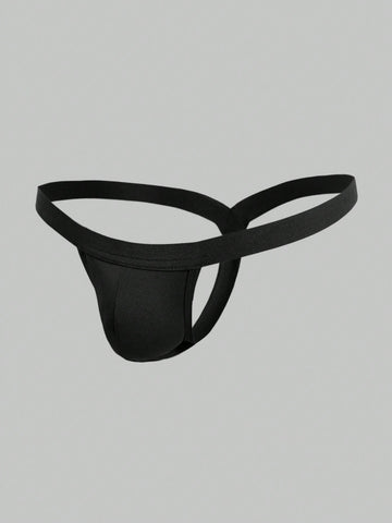 Men's black low-rise thong underwear with a plain solid color design