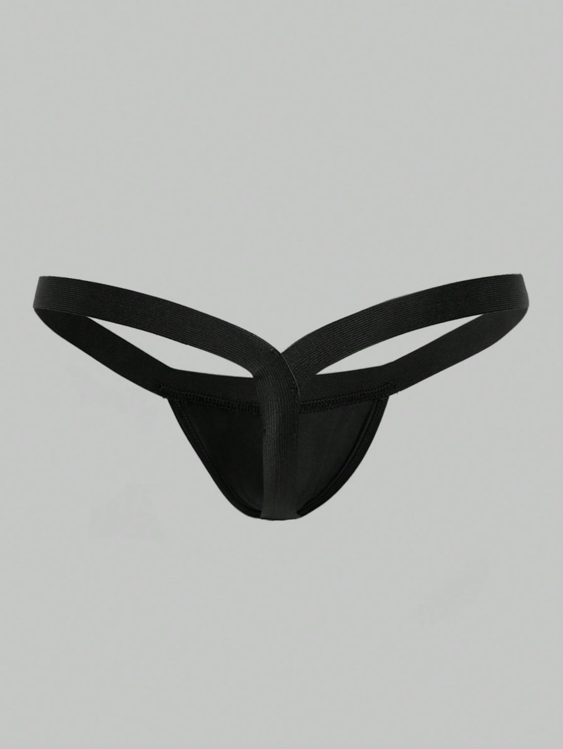 Men's black low-rise thong underwear with a plain solid color design