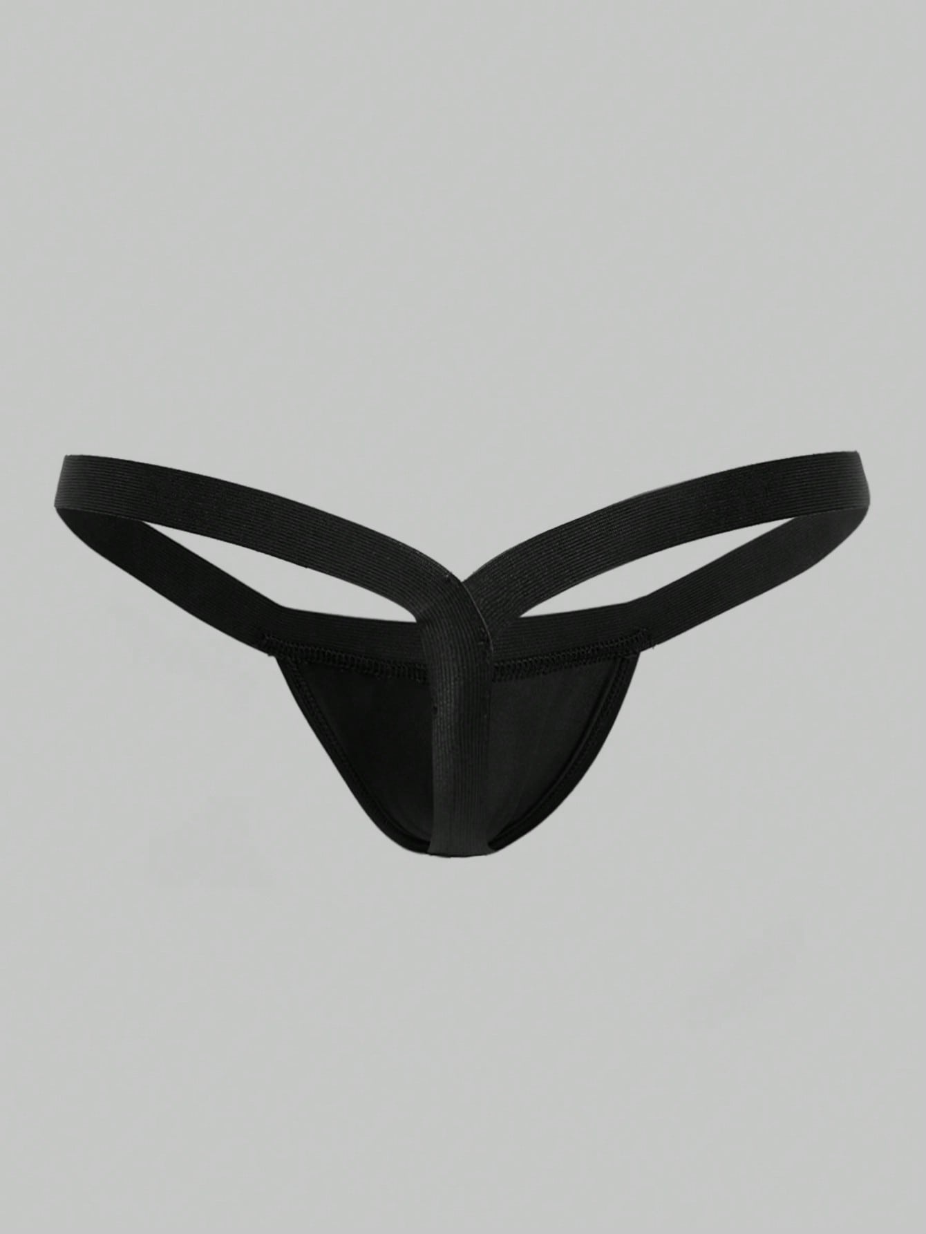 Men's black low-rise thong underwear with a plain solid color design