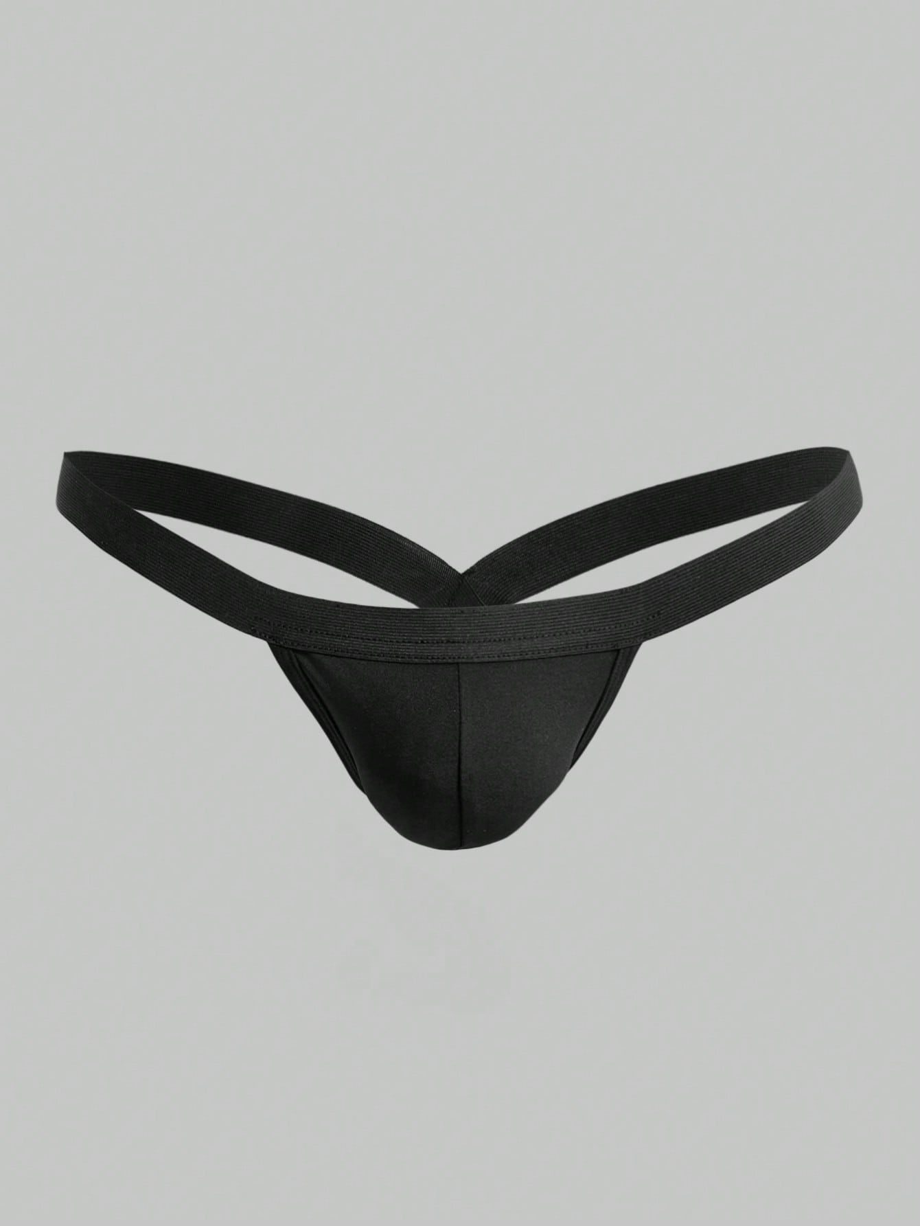 Men's black low-rise thong underwear with a plain solid color design