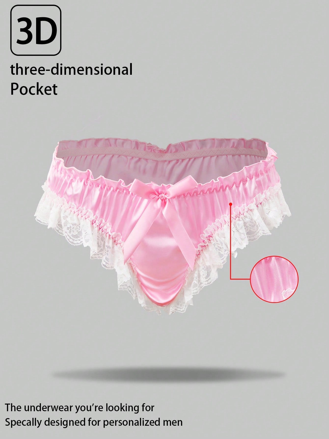 Men's black satin jockstrap briefs with lace trim, bow decor, ruffle hem details, and mid-rise cut.