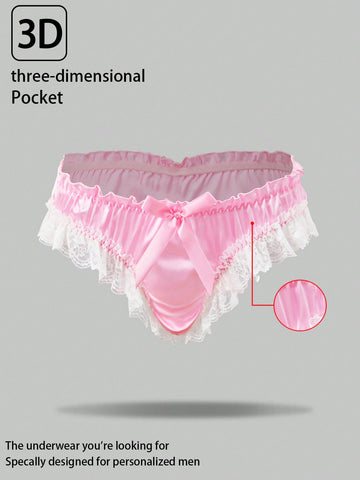 Men's black satin jockstrap briefs with lace trim, bow decor, ruffle hem details, and mid-rise cut.