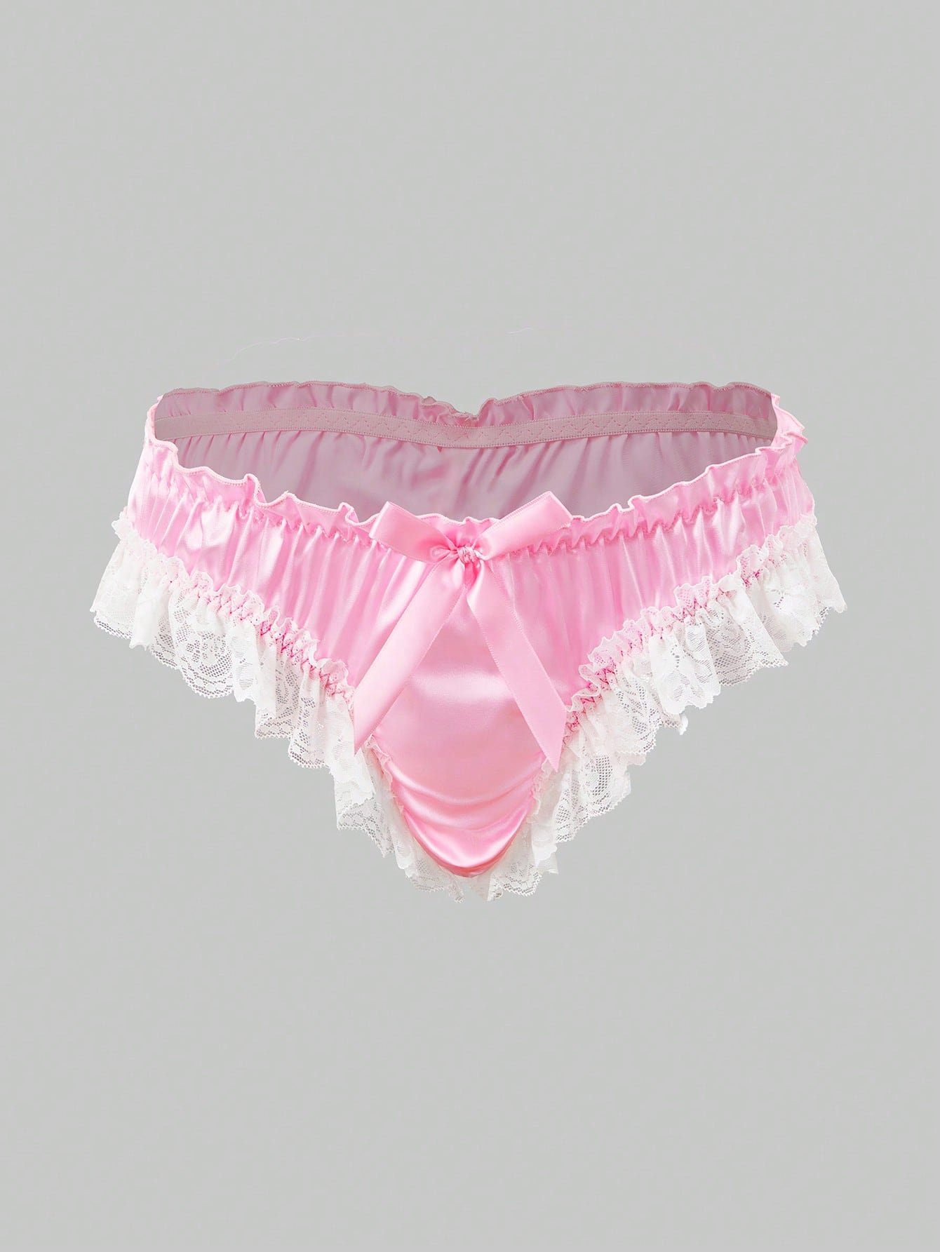 Men's black satin jockstrap briefs with lace trim, bow decor, ruffle hem details, and mid-rise cut.