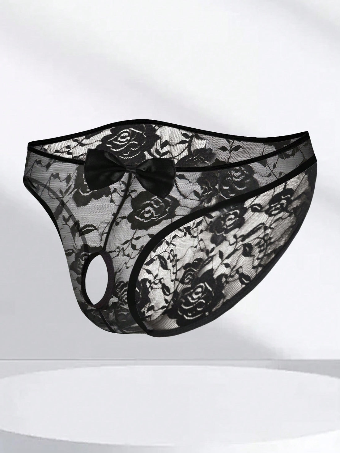 Men's Sexy Lace Floral Thong Underwear With Front Cutout, Hollow, Breathable And Comfortable, Decorated With Bow