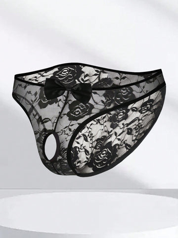 Men's Sexy Lace Floral Thong Underwear With Front Cutout, Hollow, Breathable And Comfortable, Decorated With Bow