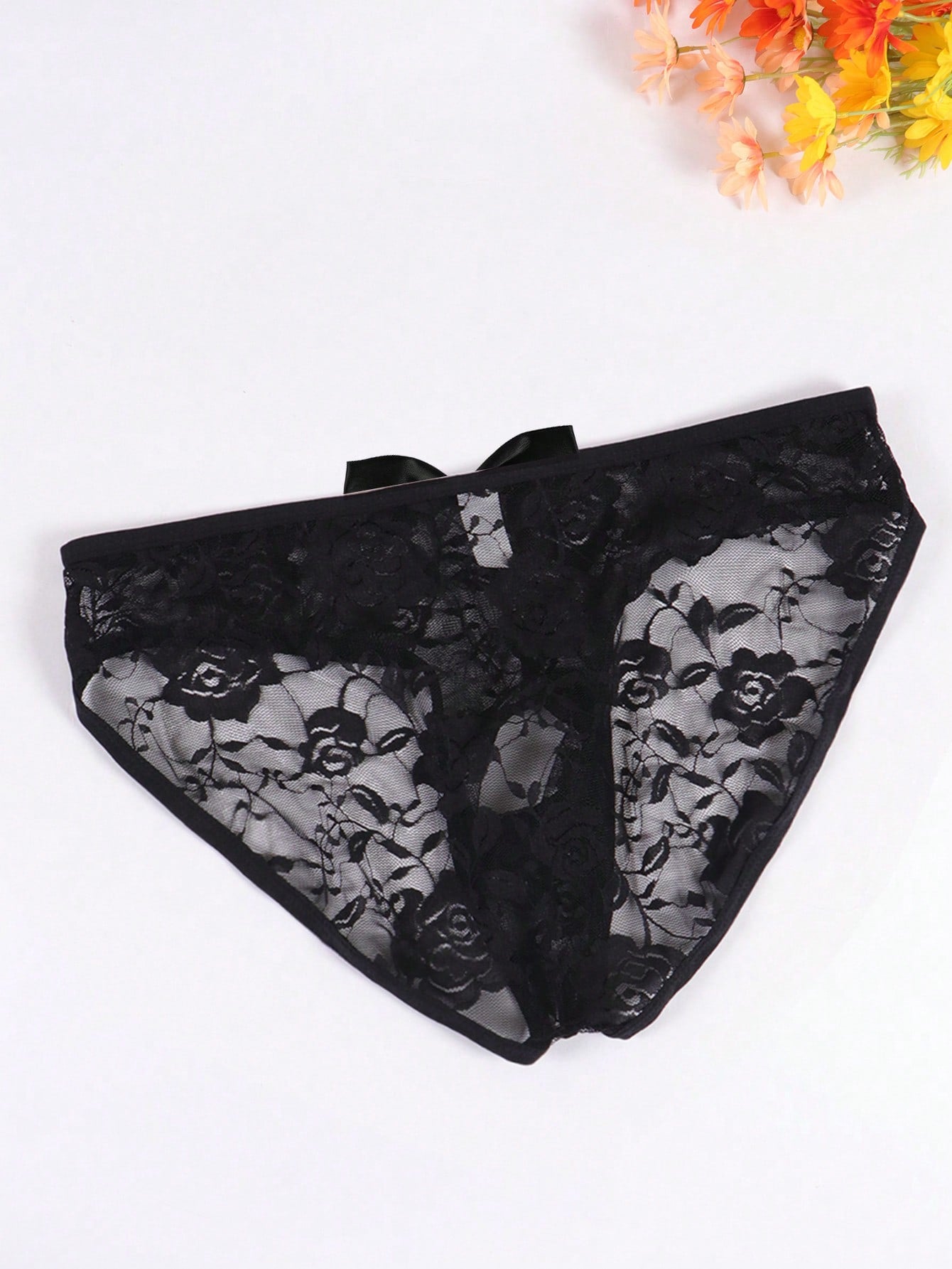 Men's Sexy Lace Floral Thong Underwear With Front Cutout, Hollow, Breathable And Comfortable, Decorated With Bow