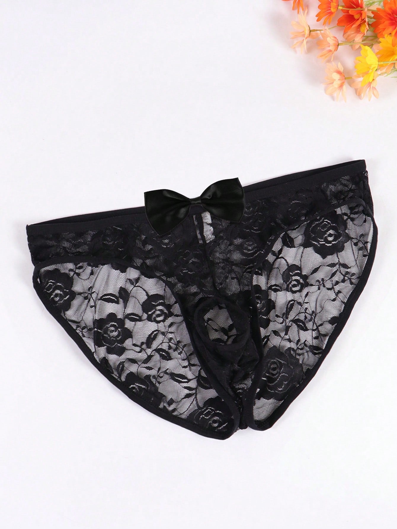 Men's Sexy Lace Floral Thong Underwear With Front Cutout, Hollow, Breathable And Comfortable, Decorated With Bow