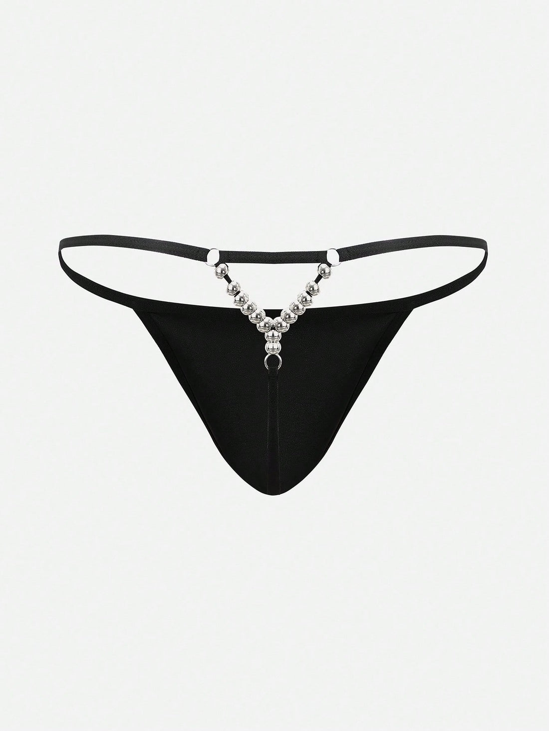 Men's black low-rise minimalist thong underwear with silver bead detail at the back