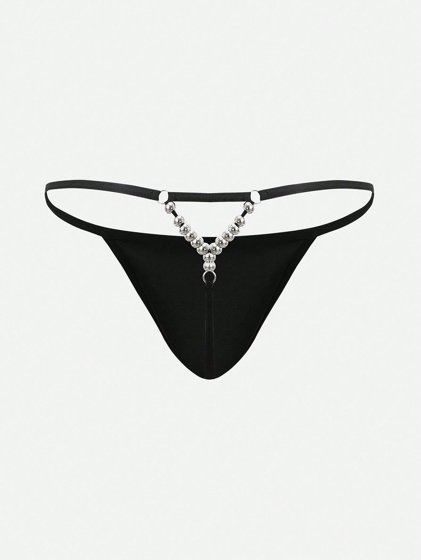 Men's black low-rise minimalist thong underwear with silver bead detail at the back