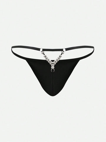Men's black low-rise minimalist thong underwear with silver bead detail at the back