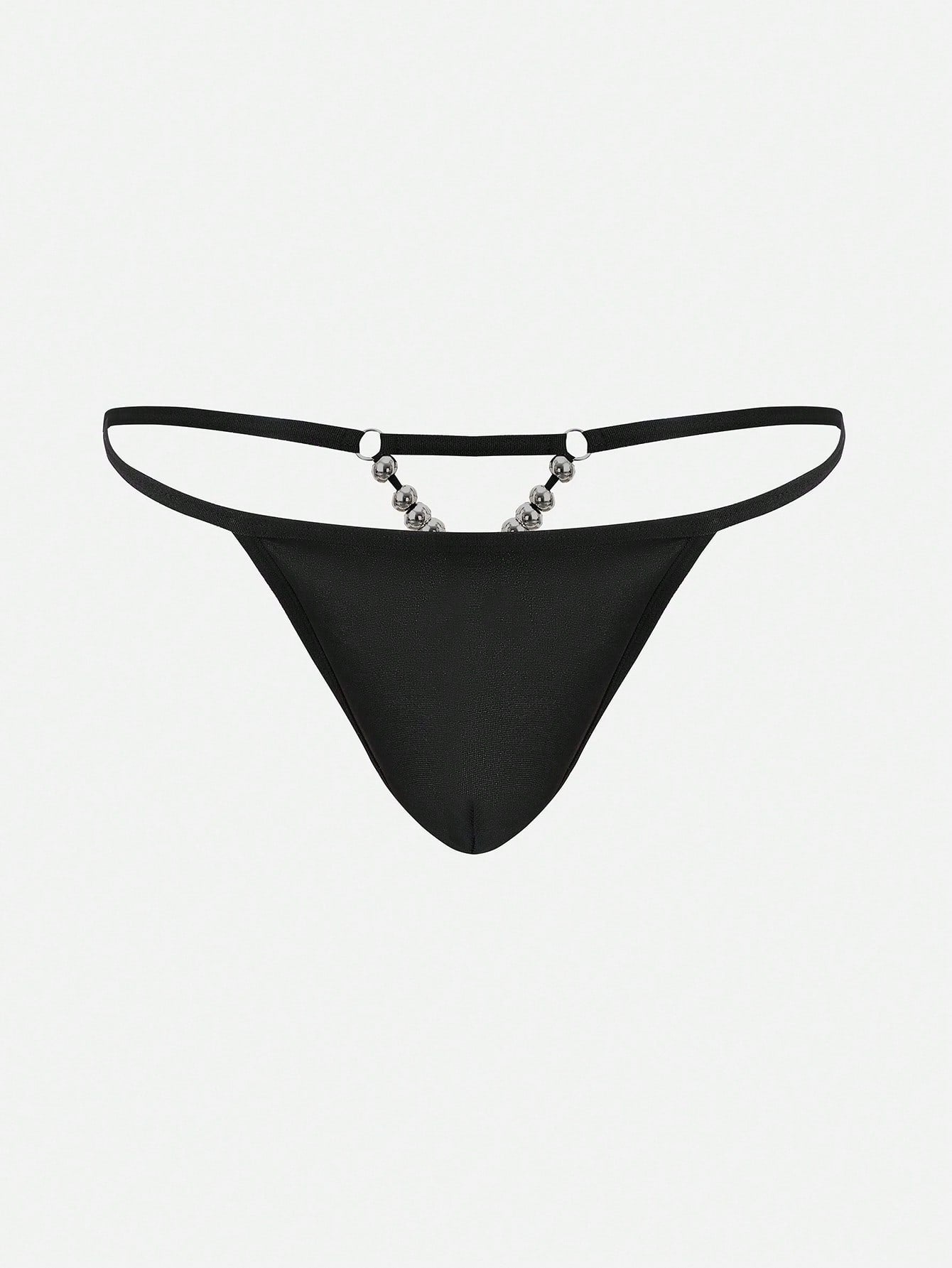 Men's black low-rise minimalist thong underwear with silver bead detail at the back