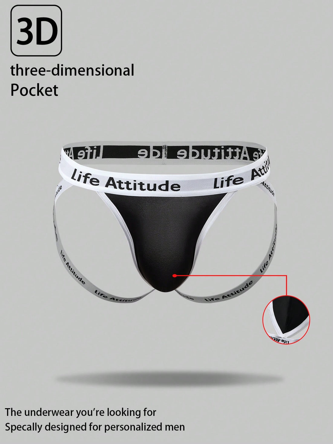 Men's black low-rise thong underwear with tape detail and letter and striped pattern