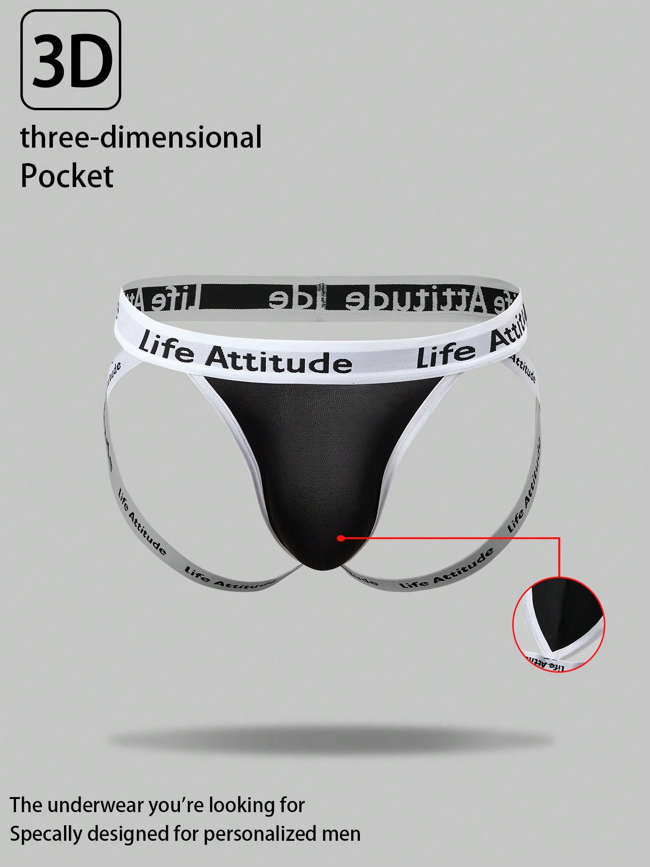 Men's black low-rise thong underwear with tape detail and letter and striped pattern