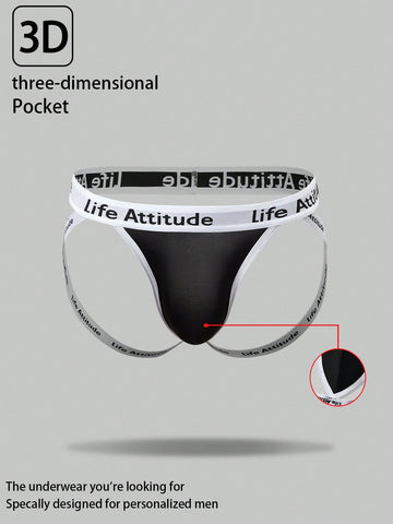 Men's black low-rise thong underwear with tape detail and letter and striped pattern