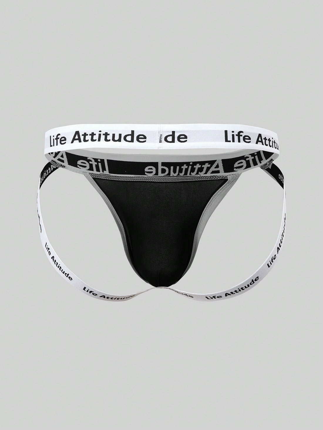 Men's black low-rise thong underwear with tape detail and letter and striped pattern