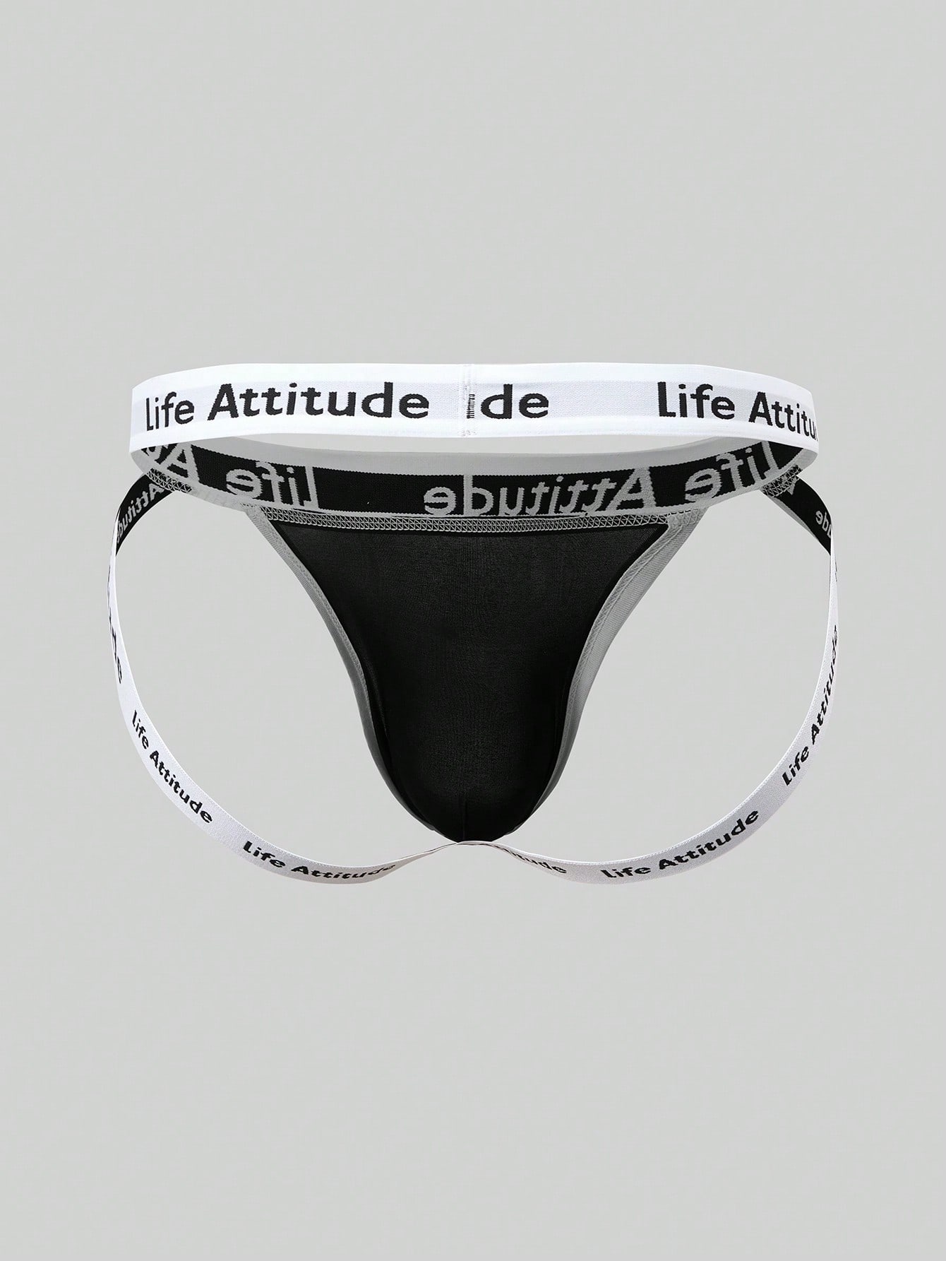 Men's black low-rise thong underwear with tape detail and letter and striped pattern