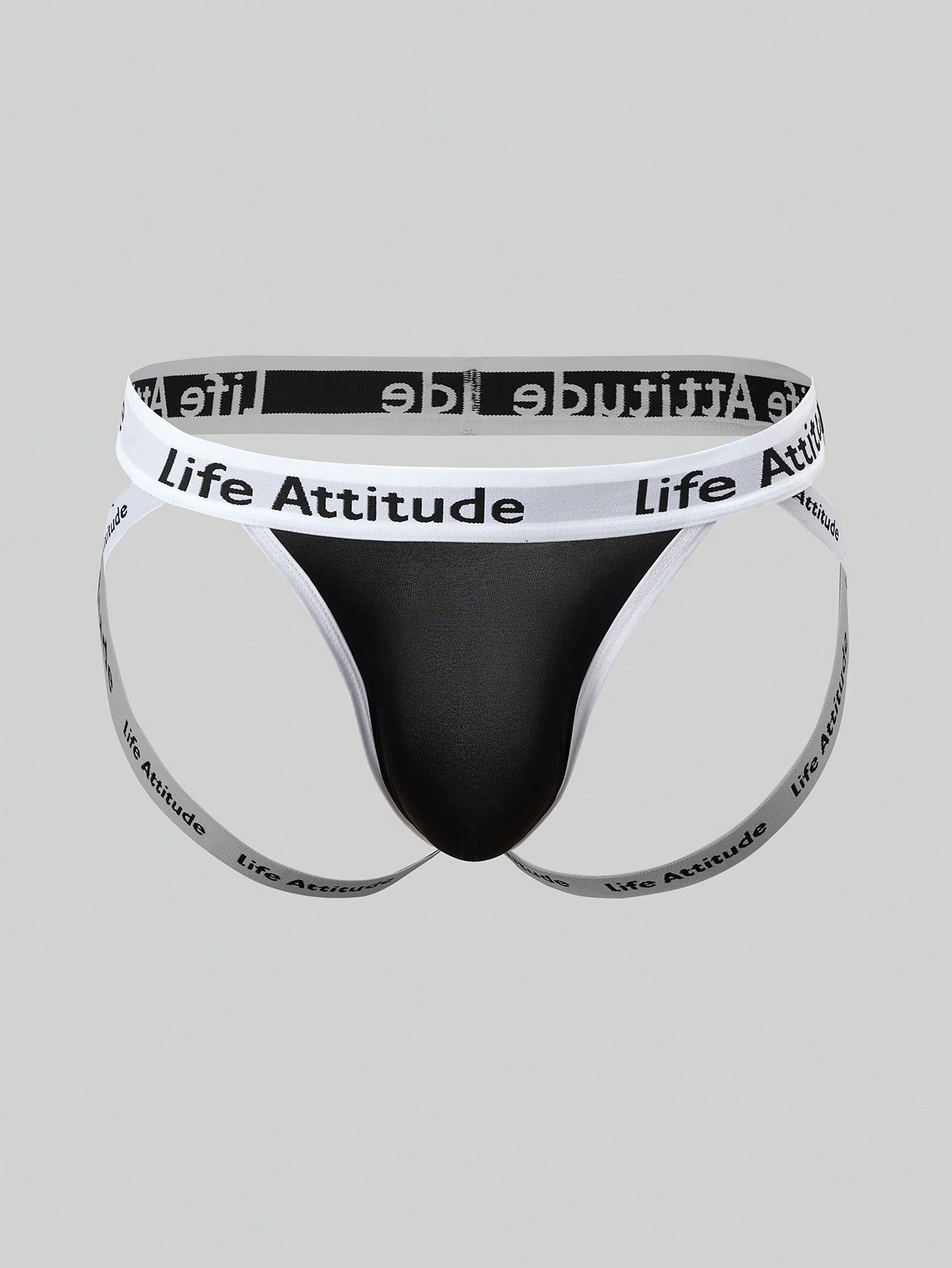Men's black low-rise thong underwear with tape detail and letter and striped pattern