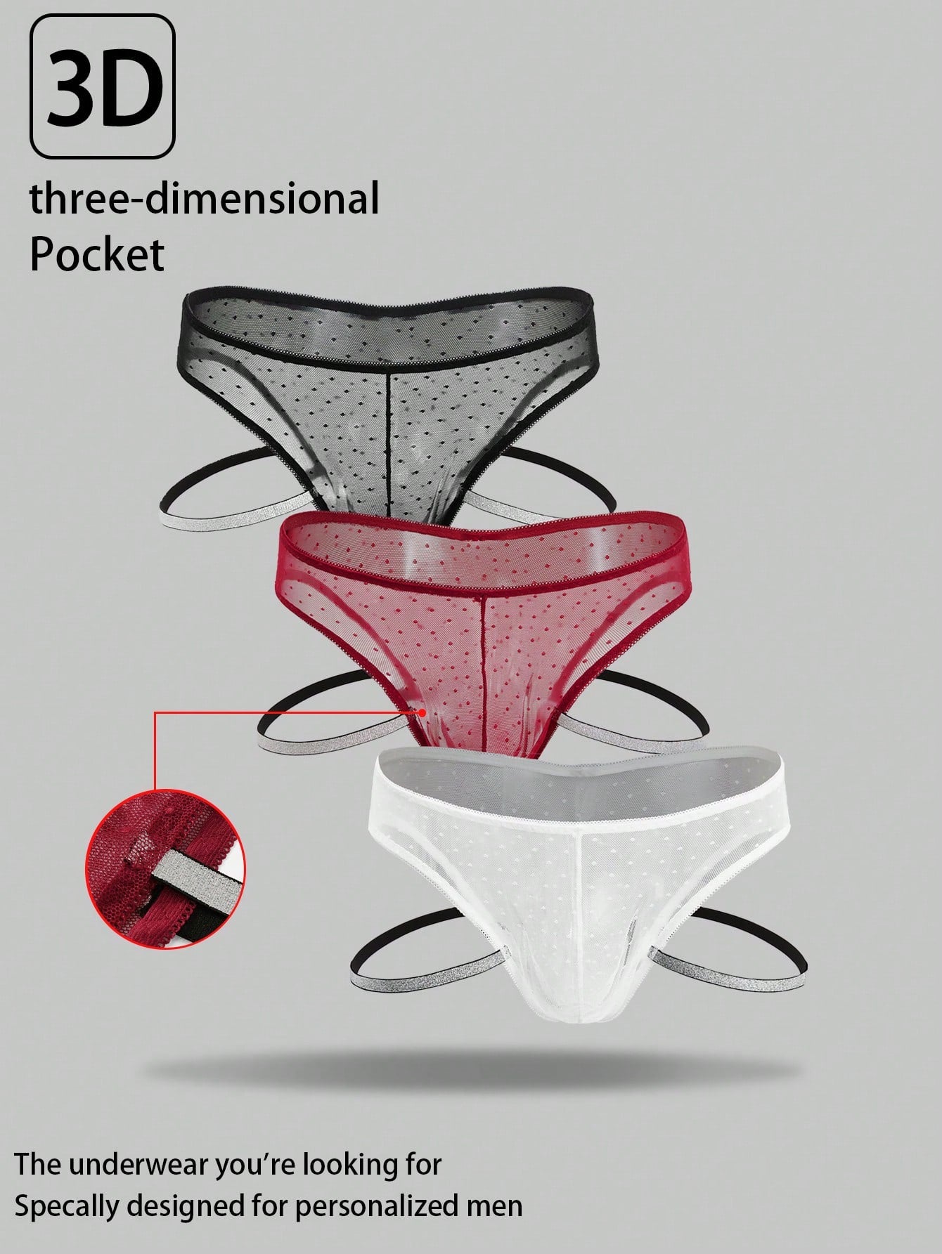 Men's 3-piece lace briefs set with contrast waistbands, low-rise semi-sheer design, and multicolor knitted fabric.