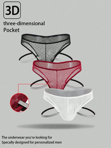 Men's 3-piece lace briefs set with contrast waistbands, low-rise semi-sheer design, and multicolor knitted fabric.