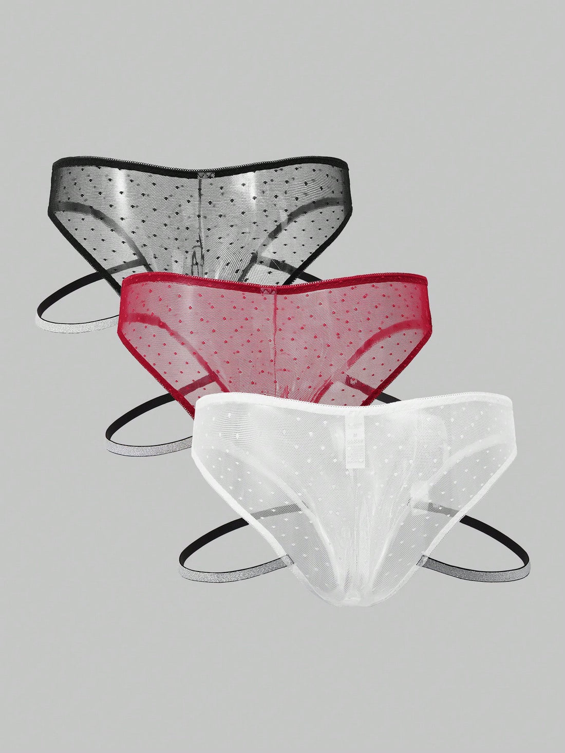 Men's 3-piece lace briefs set with contrast waistbands, low-rise semi-sheer design, and multicolor knitted fabric.