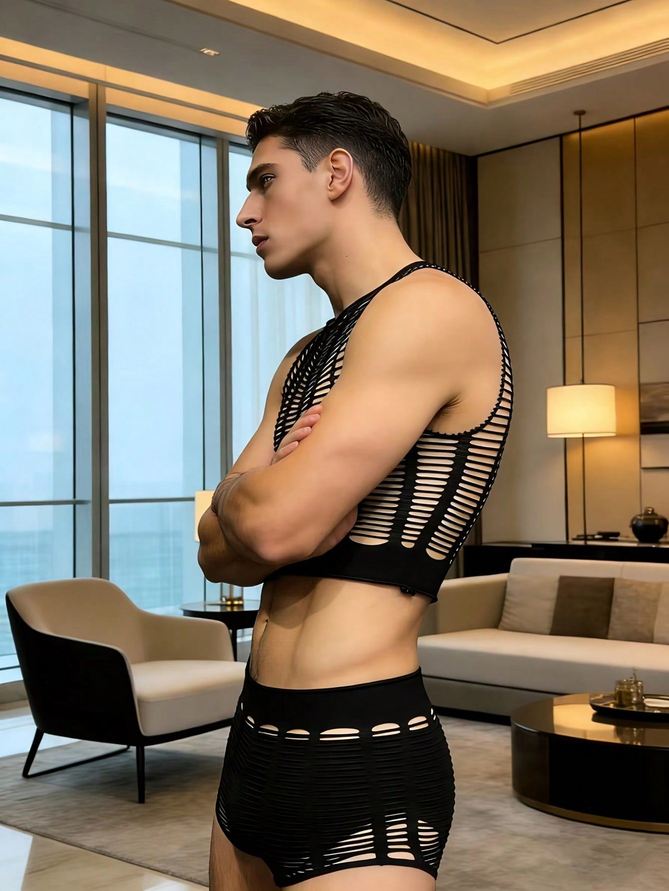 Men's black sheer fishnet 2-piece lingerie set with a round-neck short top and mid-rise thong-style boyshorts featuring a striped hollow-out knit design.
