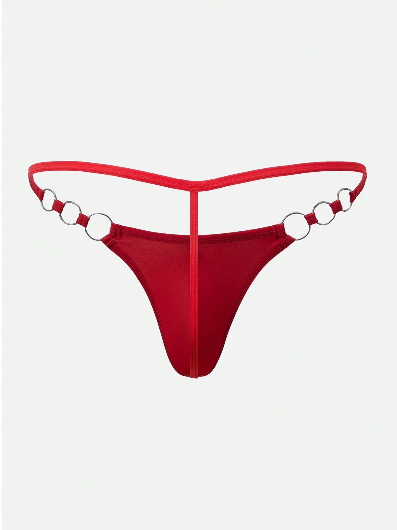 Men's red low-rise thong underwear with metal decor, plain high-stretch knitted fabric, unlined and non-sheer