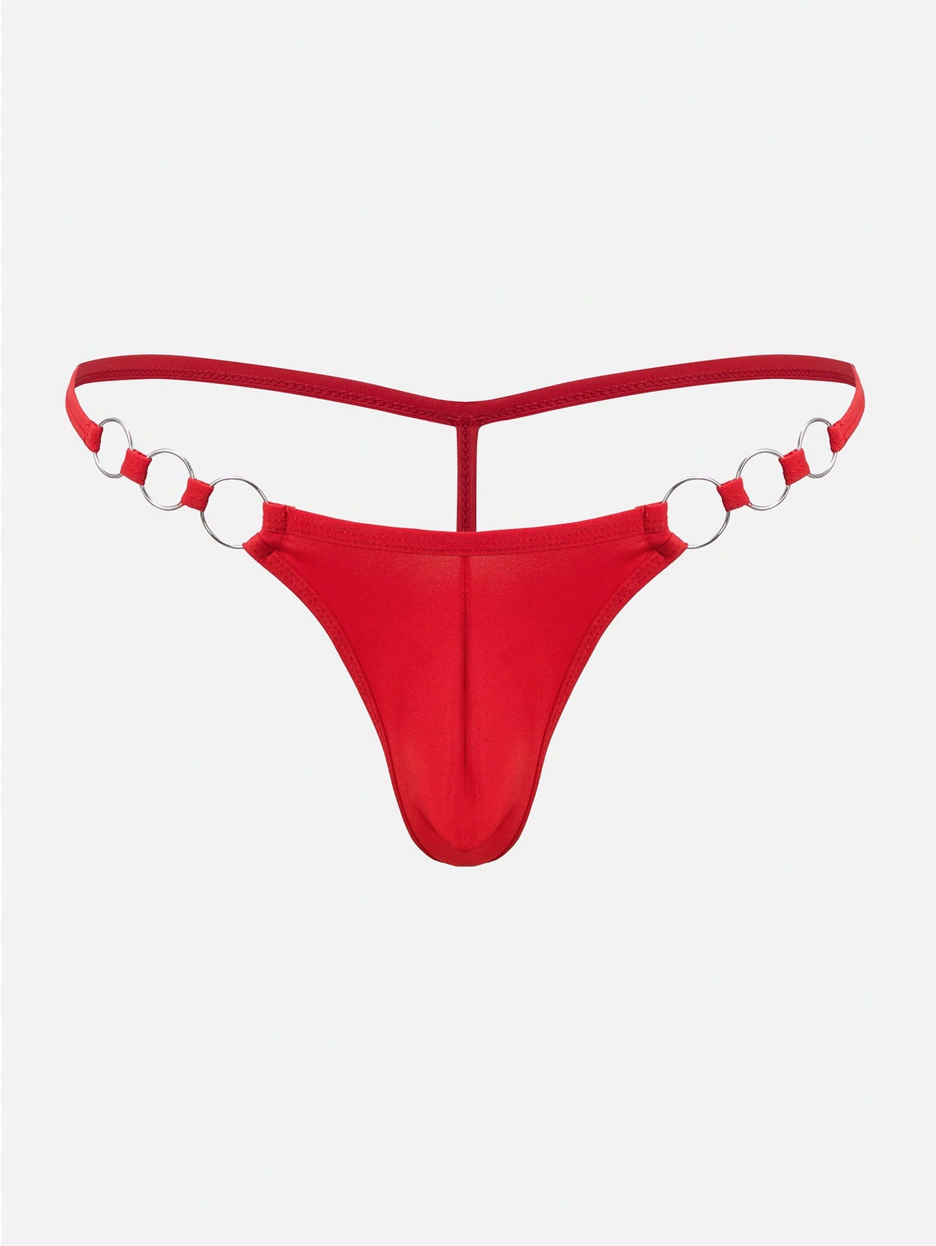 Men's red low-rise thong underwear with metal decor, plain high-stretch knitted fabric, unlined and non-sheer