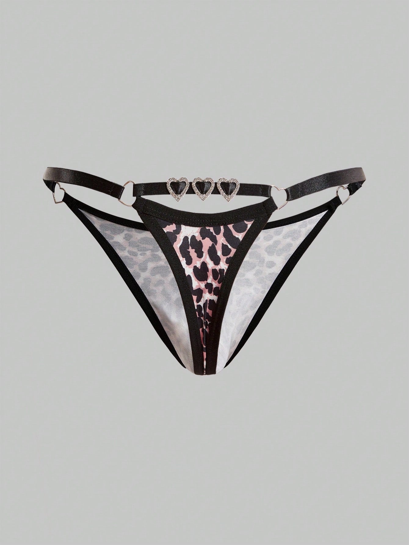 Men's multicolor thong underwear with leopard print, rhinestone heart decor, ring detail, low-rise fit, and sheer knitted fabric.
