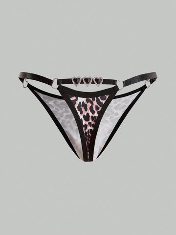 Men's multicolor thong underwear with leopard print, rhinestone heart decor, ring detail, low-rise fit, and sheer knitted fabric.