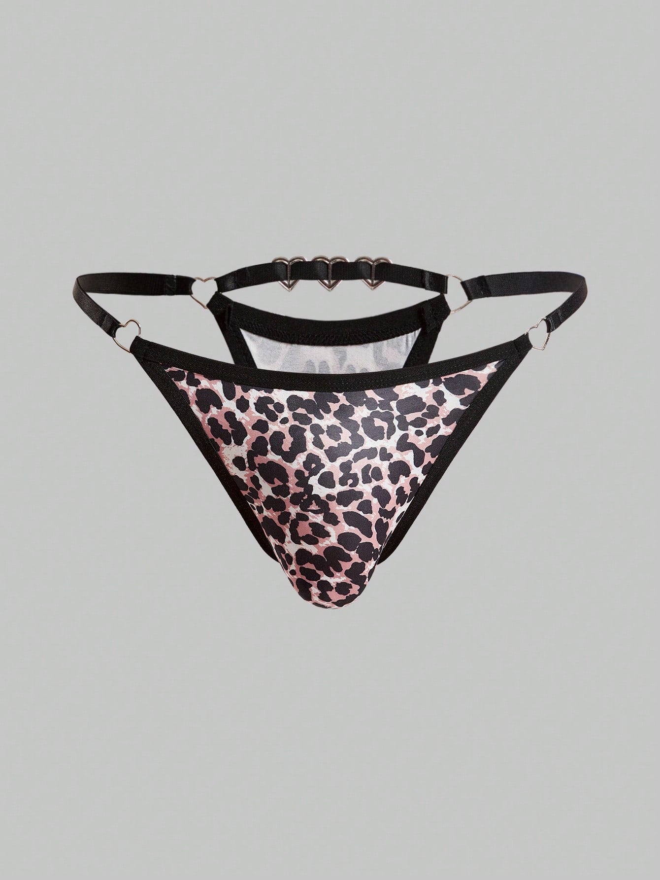 Men's multicolor thong underwear with leopard print, rhinestone heart decor, ring detail, low-rise fit, and sheer knitted fabric.