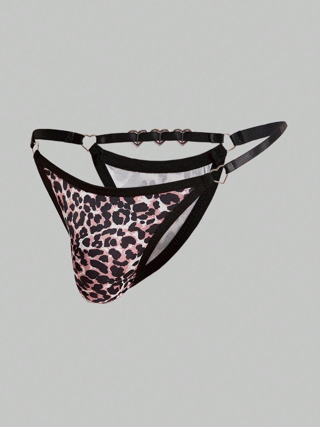 Men's multicolor thong underwear with leopard print, rhinestone heart decor, ring detail, low-rise fit, and sheer knitted fabric.