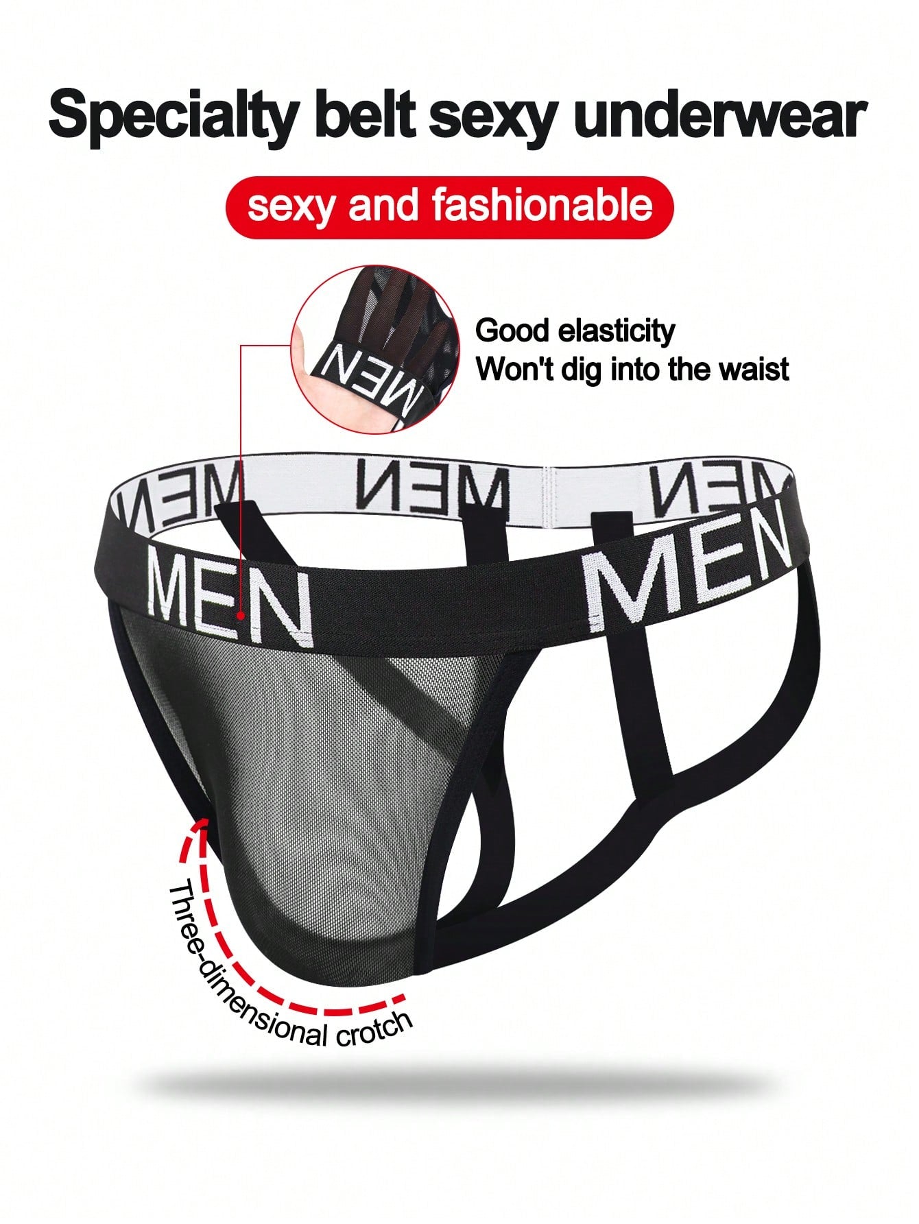 Men's black low-rise jockstrap briefs made from striped mesh fabric with a slim fit design