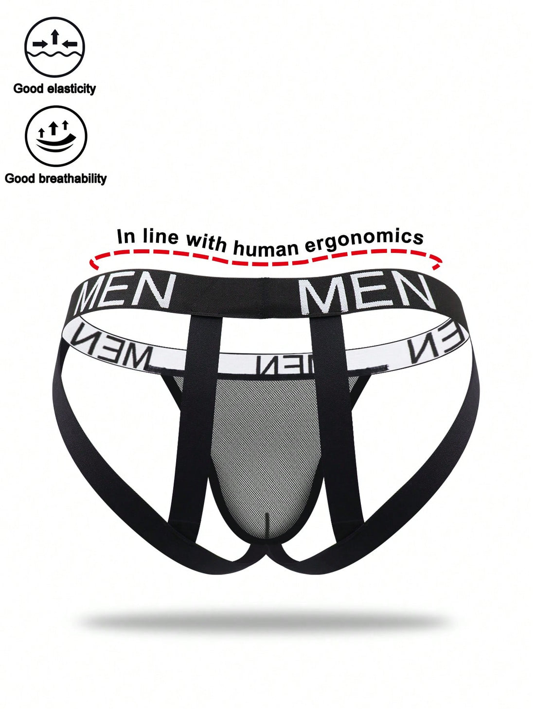 Men's black low-rise jockstrap briefs made from striped mesh fabric with a slim fit design