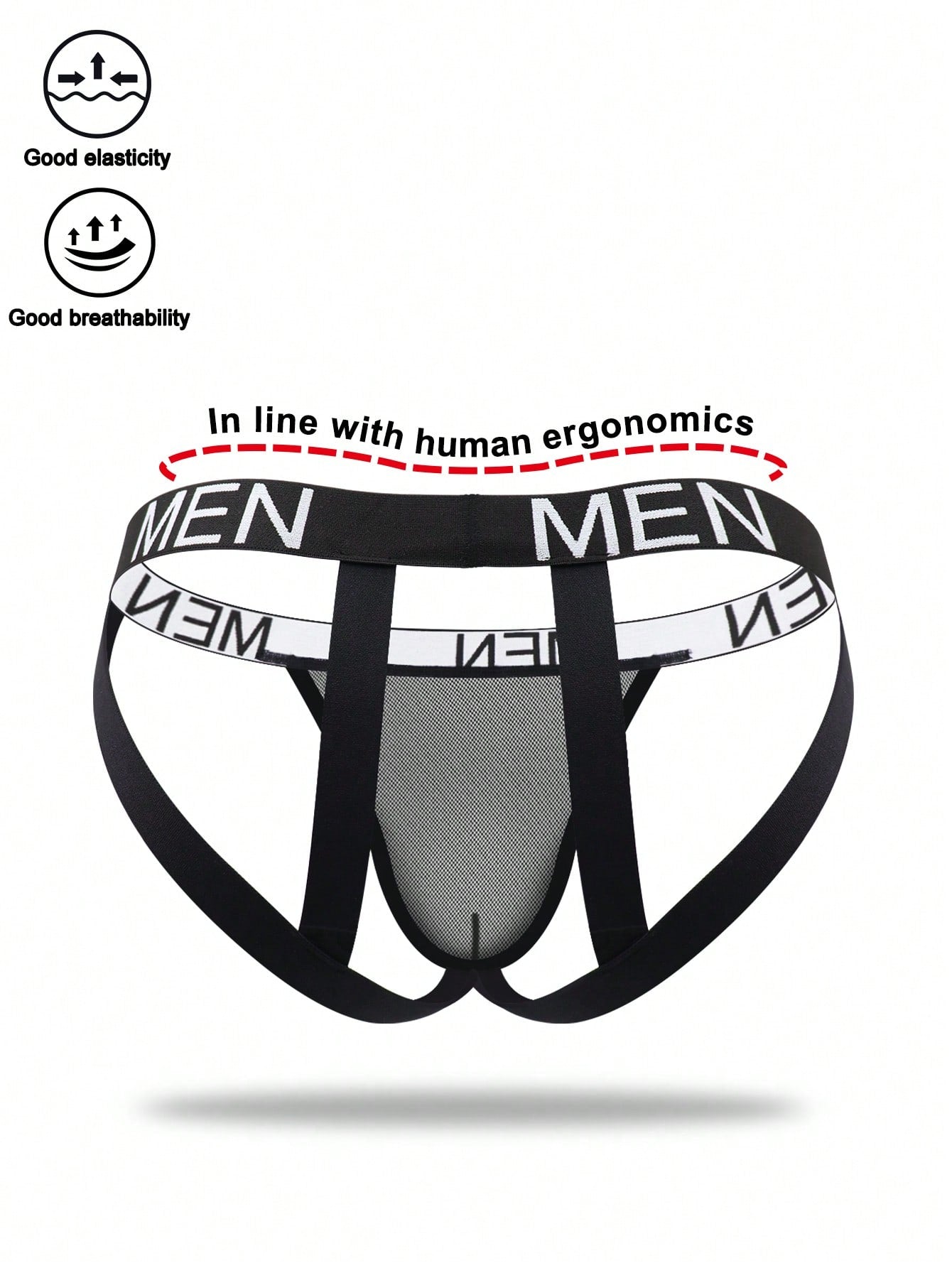 Men's black low-rise jockstrap briefs made from striped mesh fabric with a slim fit design