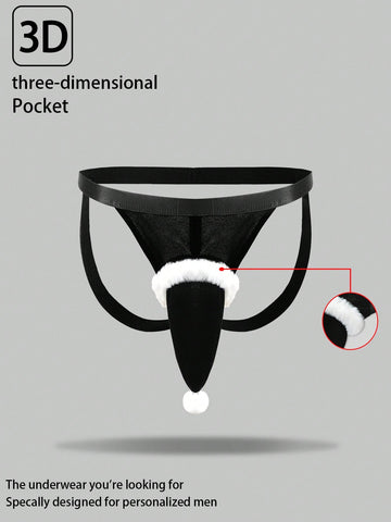 Men's Christmas pom-pom low-rise jockstrap with colorblock styling, designed for party wear