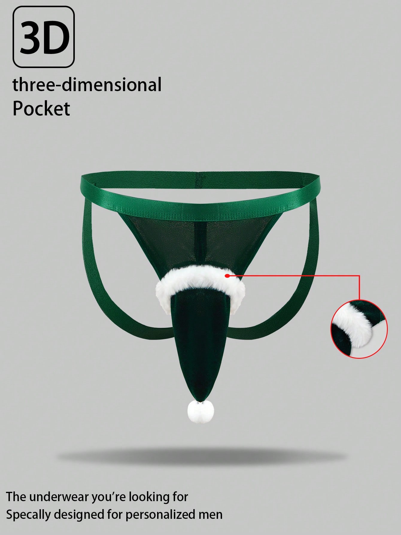 Men's Christmas pom-pom low-rise jockstrap with colorblock styling, designed for party wear
