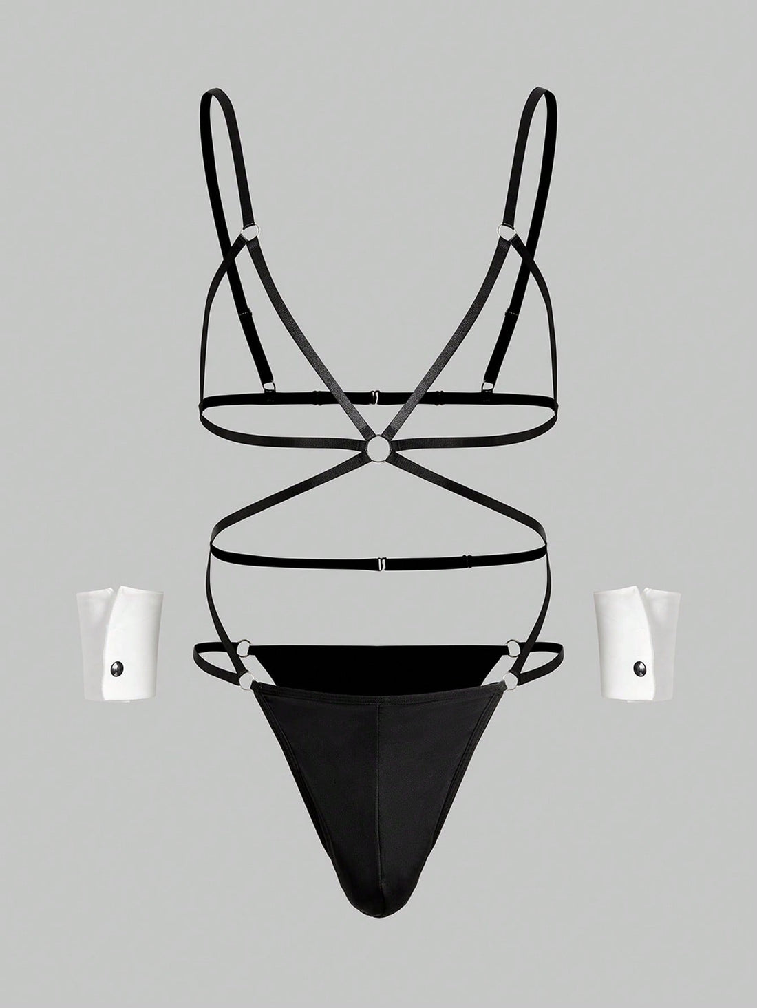 Men's black Valentine's Day costume jumpsuit with spaghetti straps, cut-out backless details, and matching arm sleeves