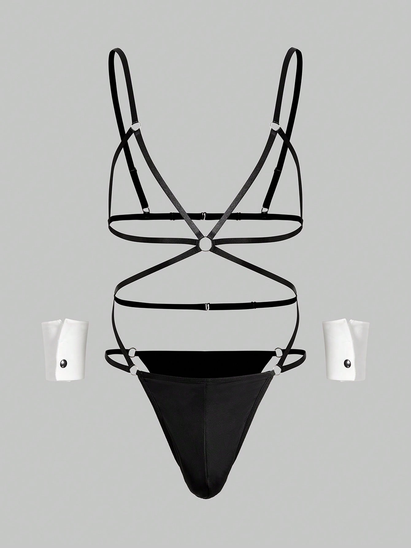 Men's black Valentine's Day costume jumpsuit with spaghetti straps, cut-out backless details, and matching arm sleeves