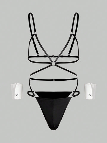 Men's black Valentine's Day costume jumpsuit with spaghetti straps, cut-out backless details, and matching arm sleeves