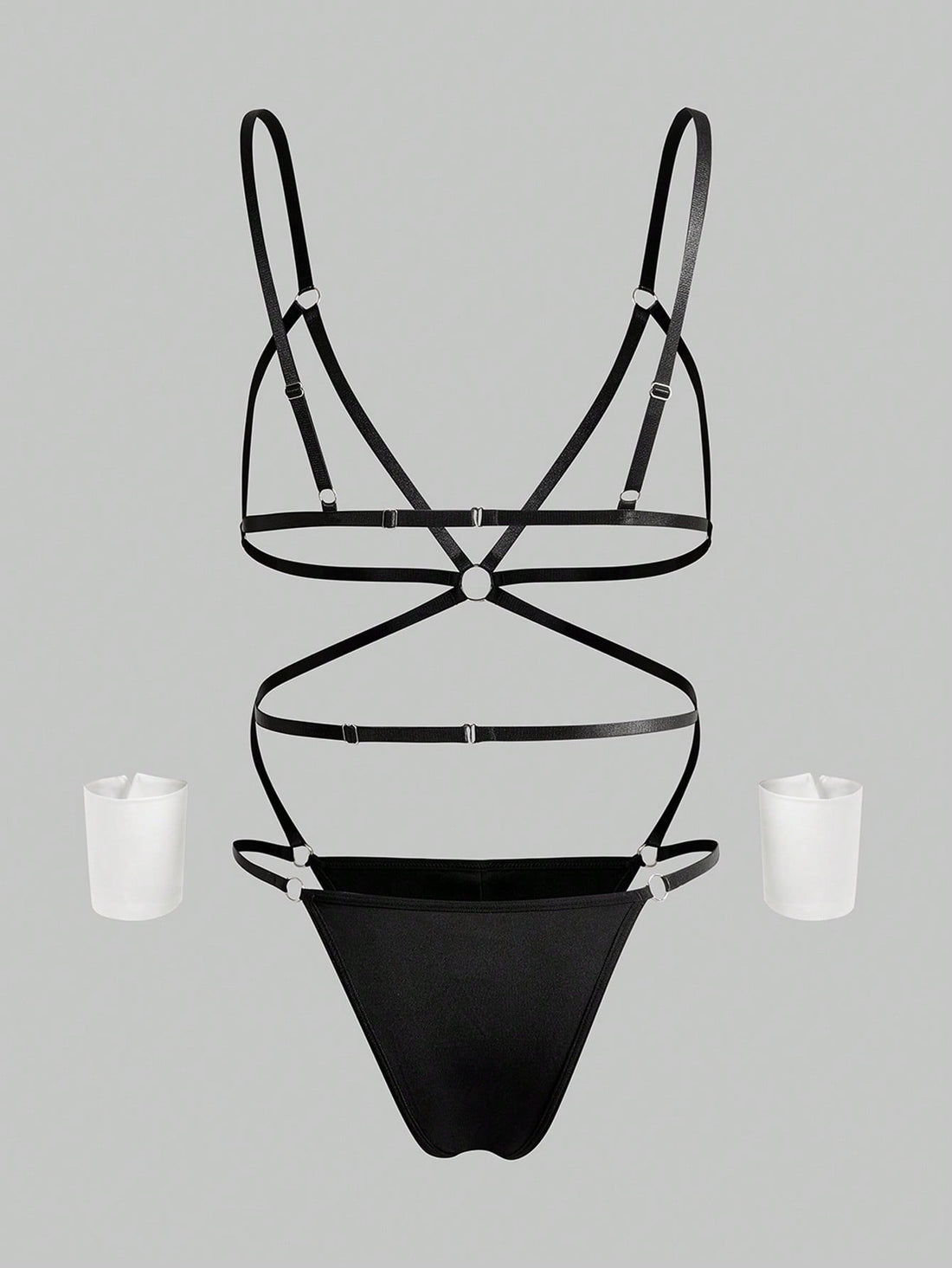 Men's black Valentine's Day costume jumpsuit with spaghetti straps, cut-out backless details, and matching arm sleeves
