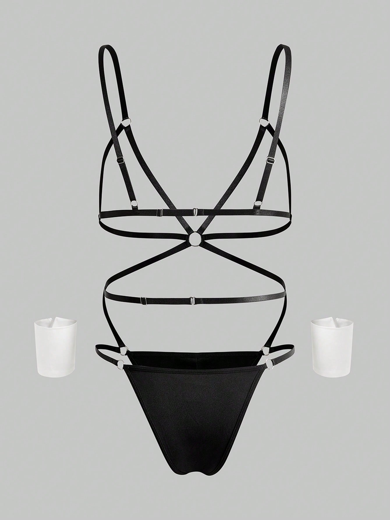 Men's black Valentine's Day costume jumpsuit with spaghetti straps, cut-out backless details, and matching arm sleeves