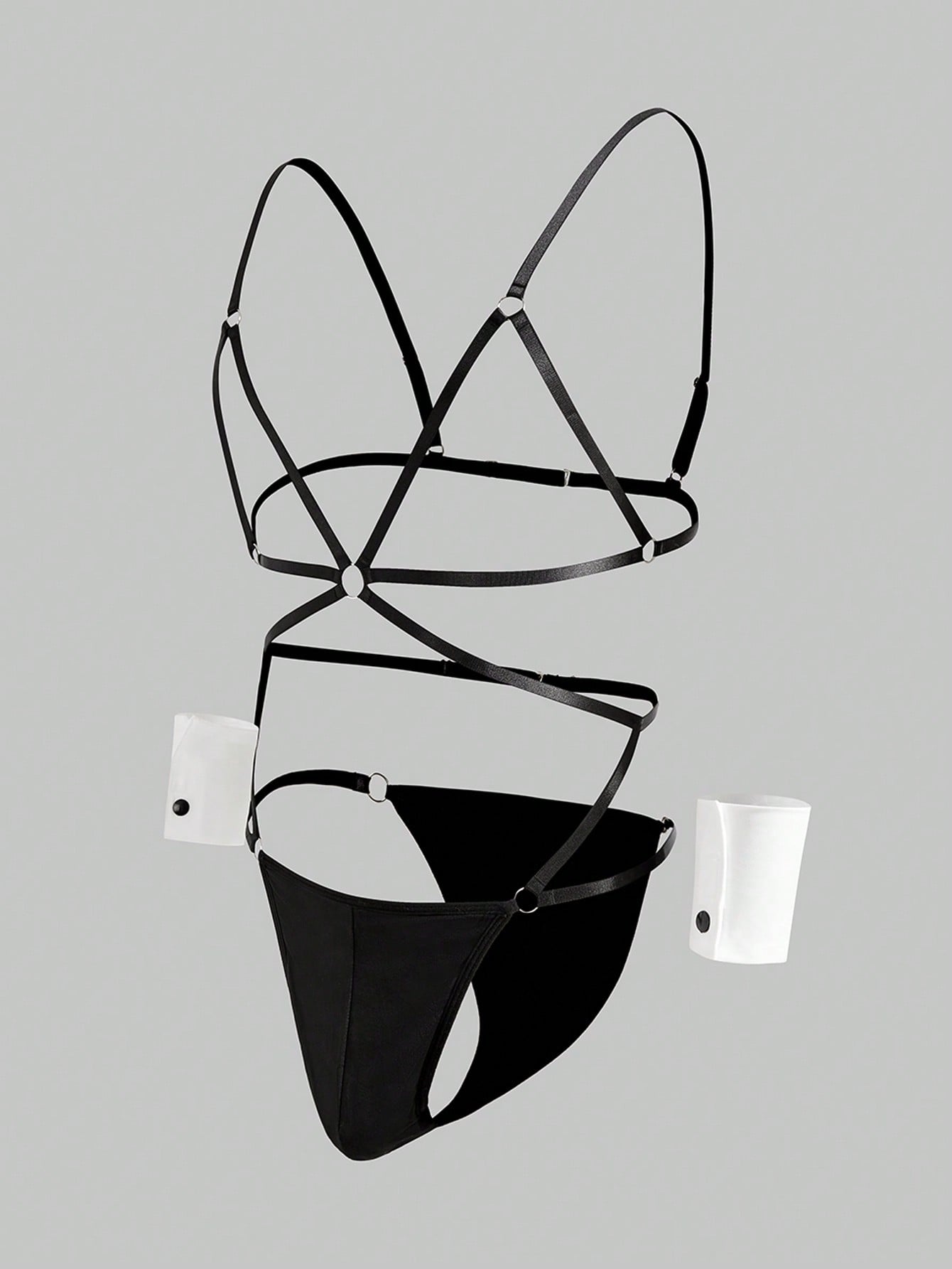 Men's black Valentine's Day costume jumpsuit with spaghetti straps, cut-out backless details, and matching arm sleeves