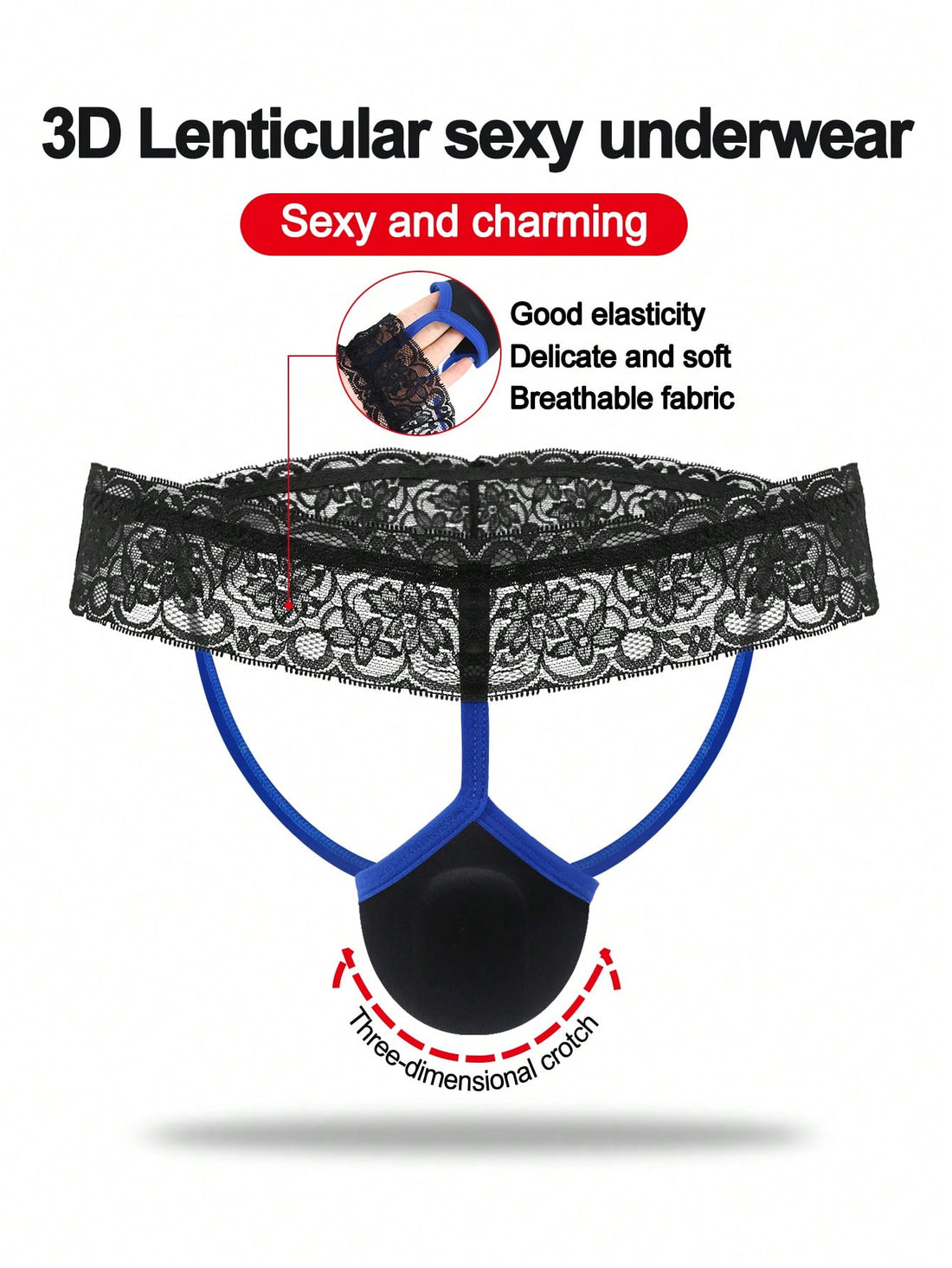 Men's black low-rise jockstrap thong with vibrant blue trim, lace-trim waistband, and plant pattern details