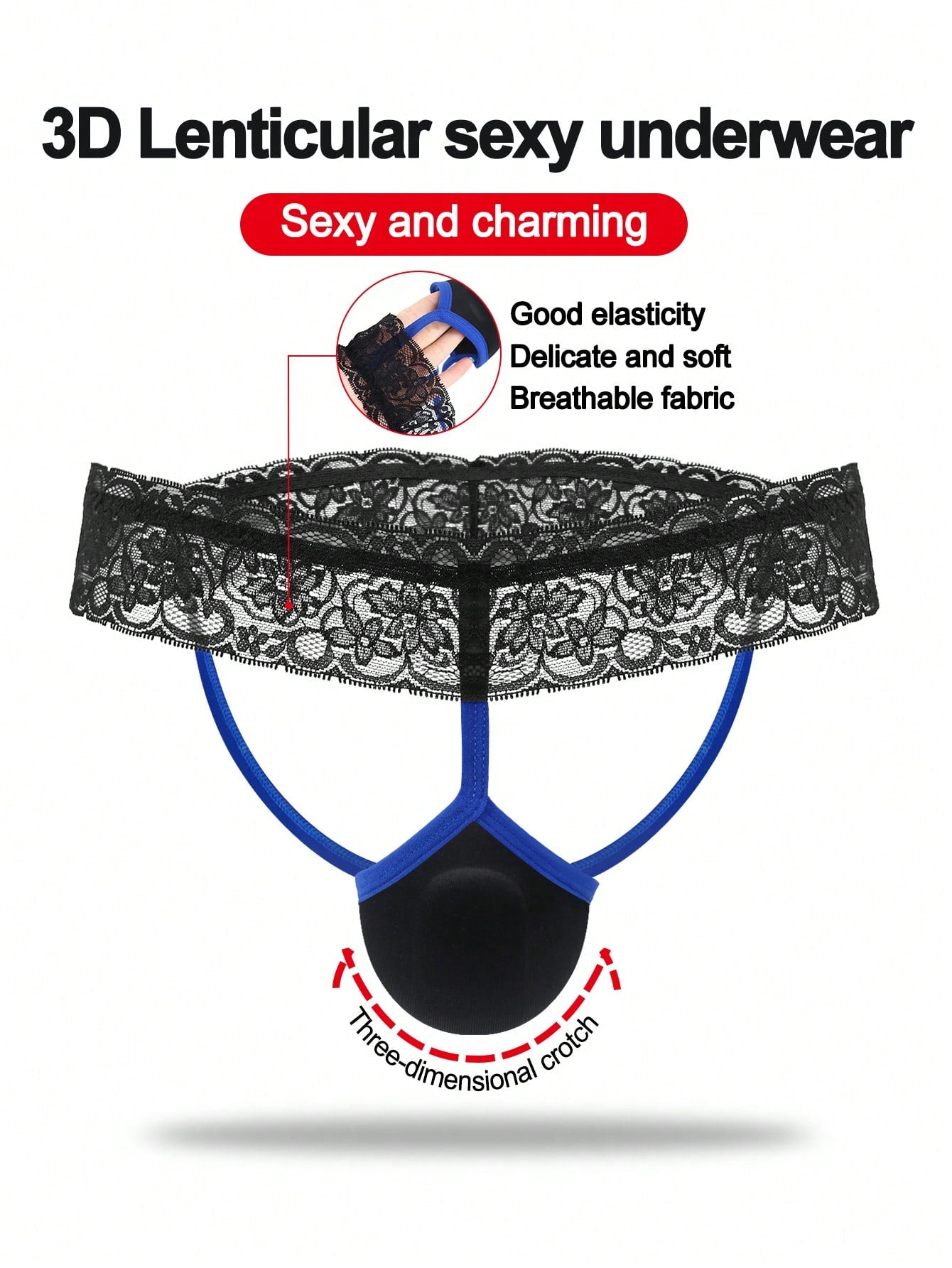 Men's black low-rise jockstrap thong with vibrant blue trim, lace-trim waistband, and plant pattern details