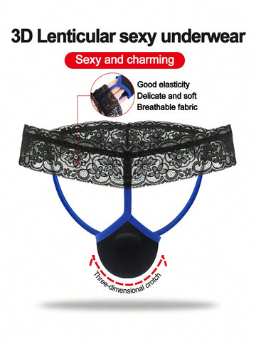 Men's black low-rise jockstrap thong with vibrant blue trim, lace-trim waistband, and plant pattern details