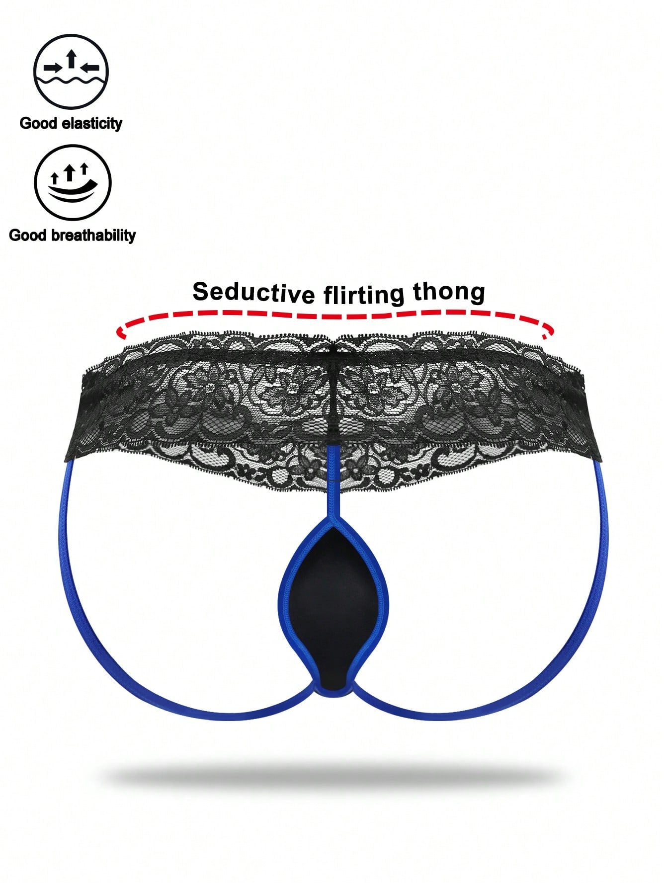 Men's black low-rise jockstrap thong with vibrant blue trim, lace-trim waistband, and plant pattern details