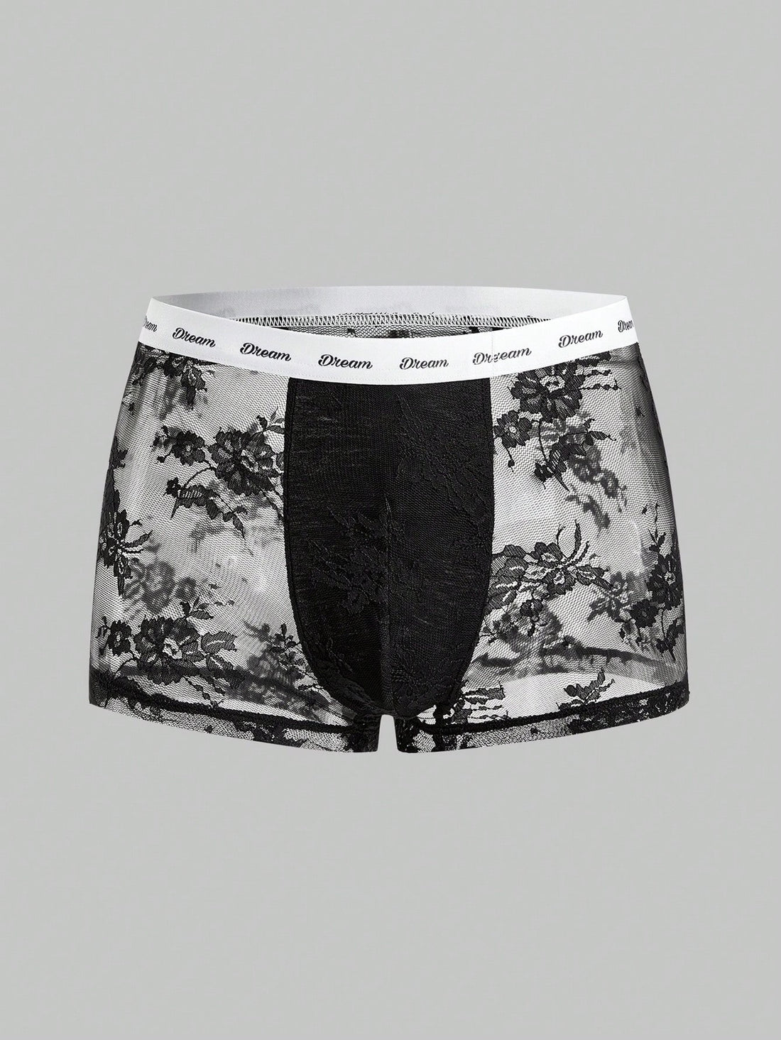 Men's black and white lace trim briefs with tape details and letter and plant pattern, shown as a short regular-fit underwear style.